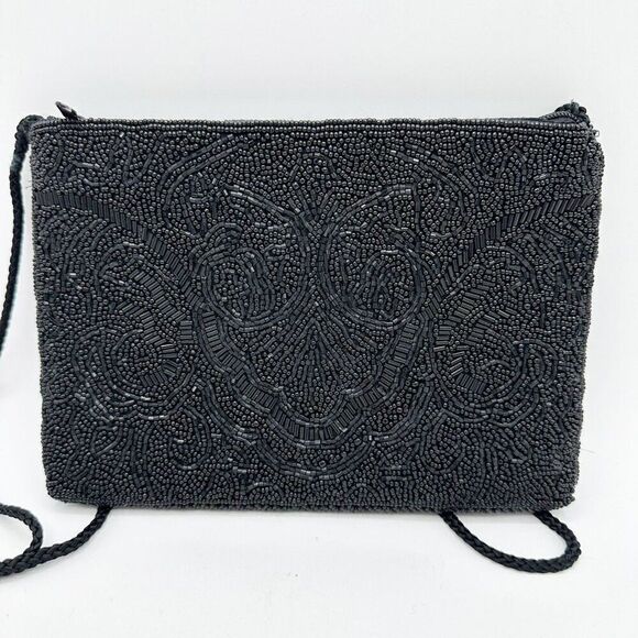 Vintage Hastings & Smith Black Beaded Clutch Purse‎ With Strap 9"x6"x0.5" - Picture 2 of 8